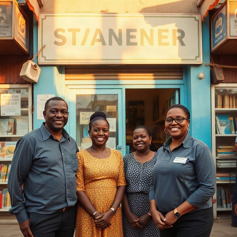 The Notebooktrailx team standing in front of the azure shopfront on Oginga Odinga Street