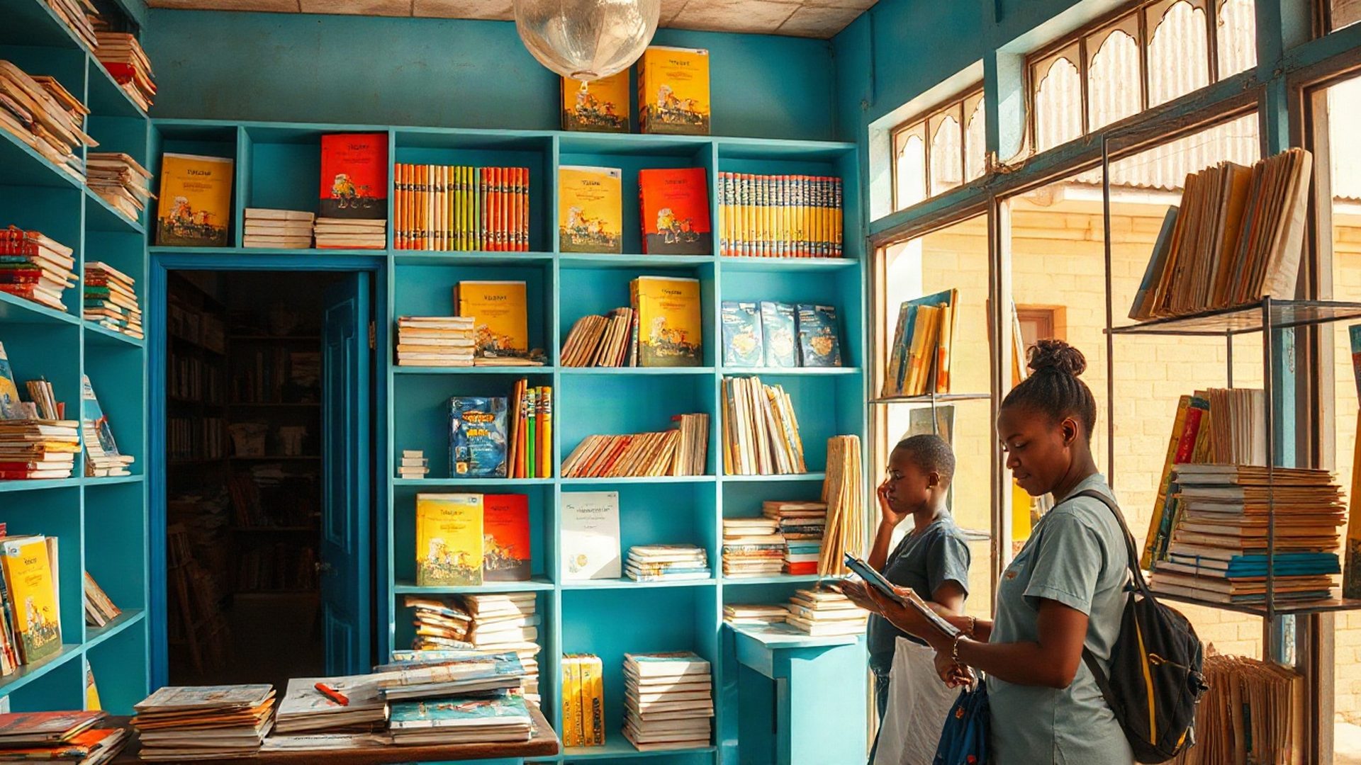 Interior of the Notebooktrailx shop in Kisumu with azure shelves stocked with notebooks and stationery