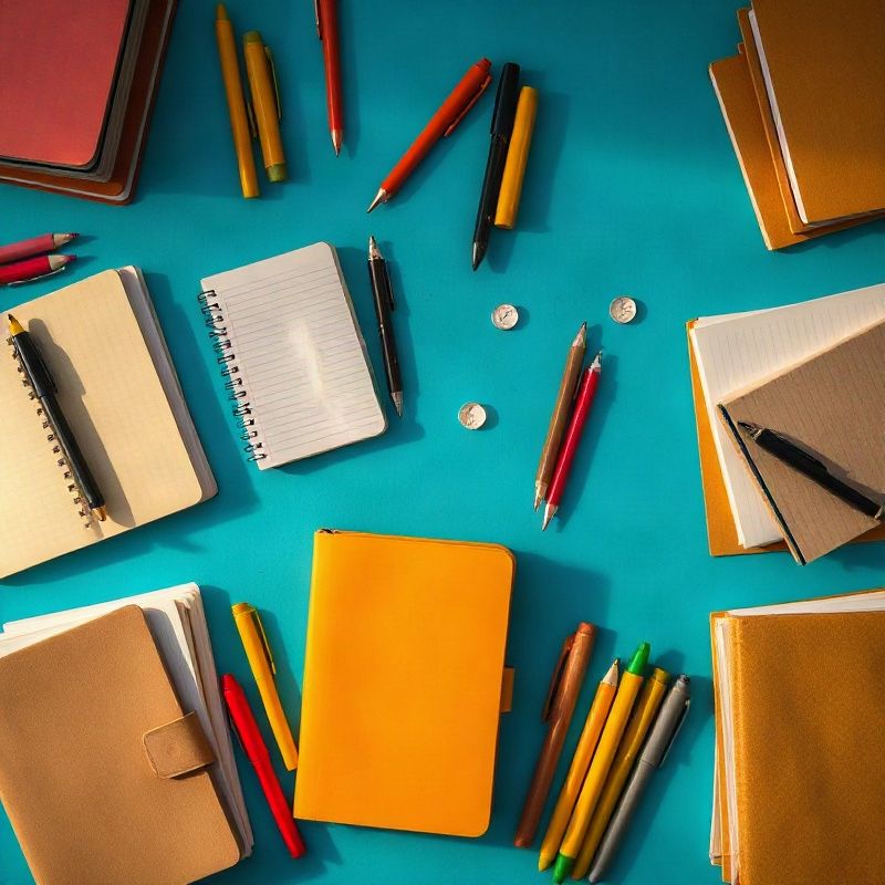 Overhead flatlay of neatly arranged notebooks, pens, and file folders on an azure surface
